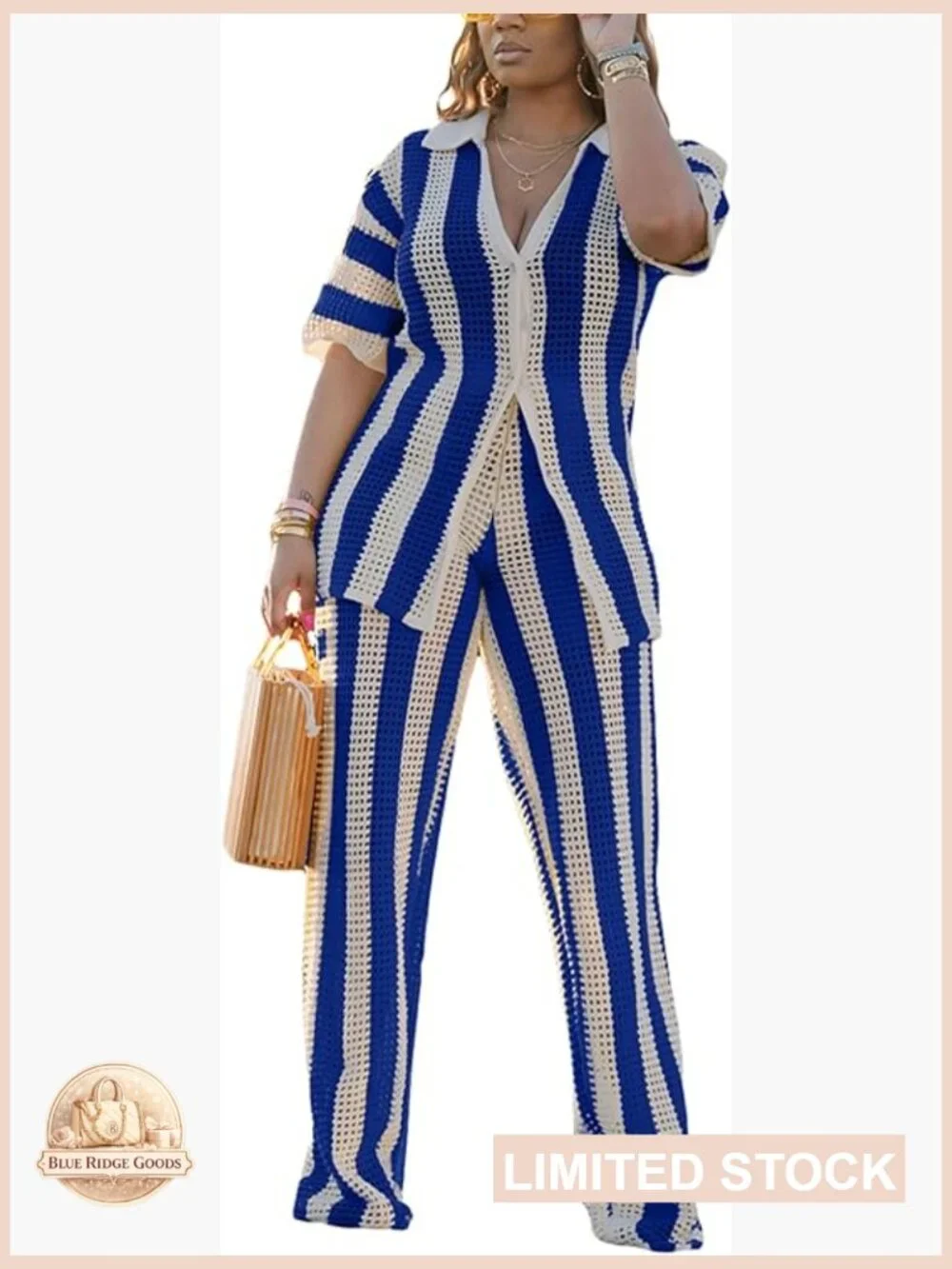 Crochet Two Piece Set Knit Hollow Out Button Down Shirts Matching Long Pants